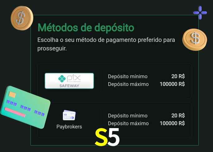 O cassino S5 oferece uma grande variedade de métodos de pagamento